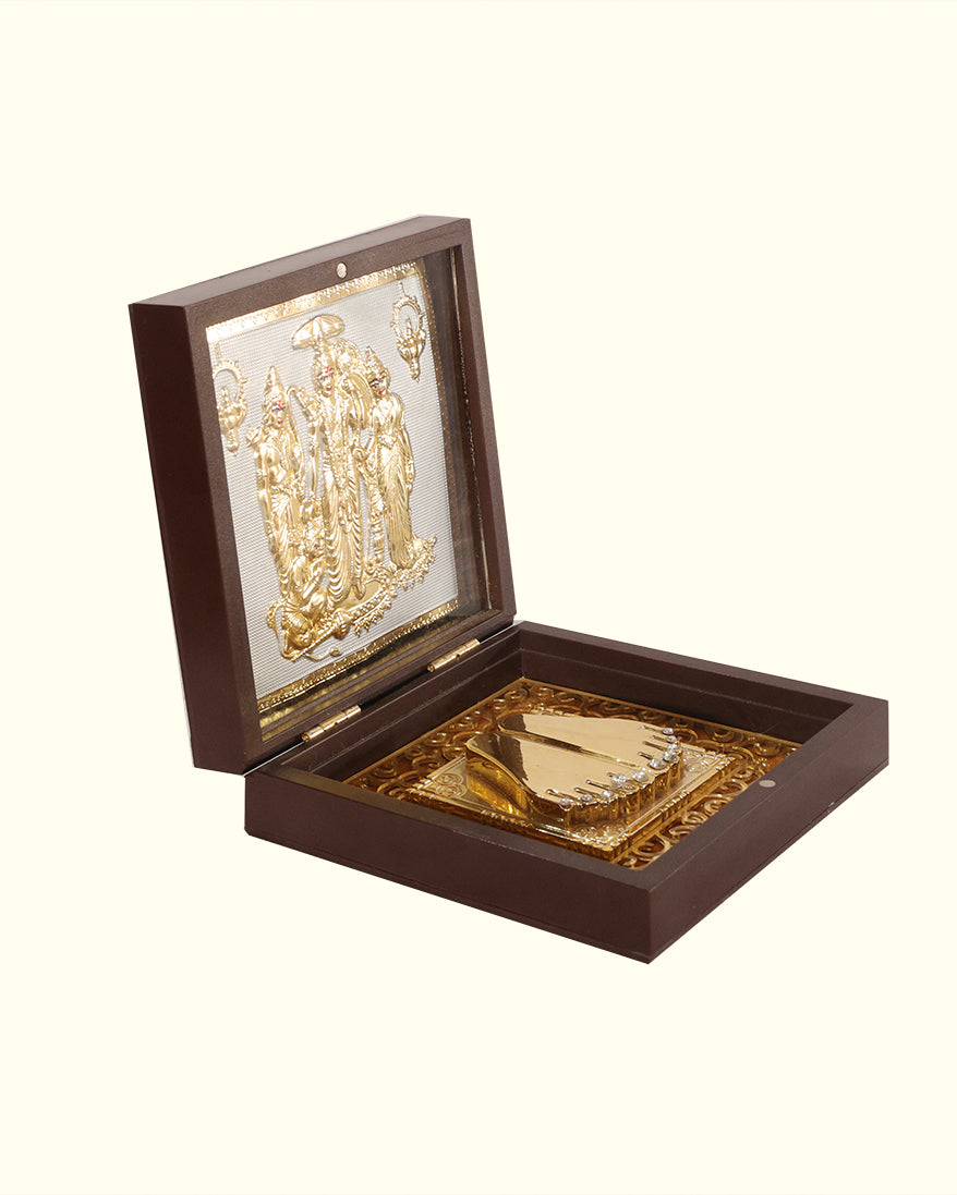 4.5" Divine Gold Plated Bhagwan Shree Ram, Laxman, Sita and Hanuman Charan Paduka (Wooden Box)