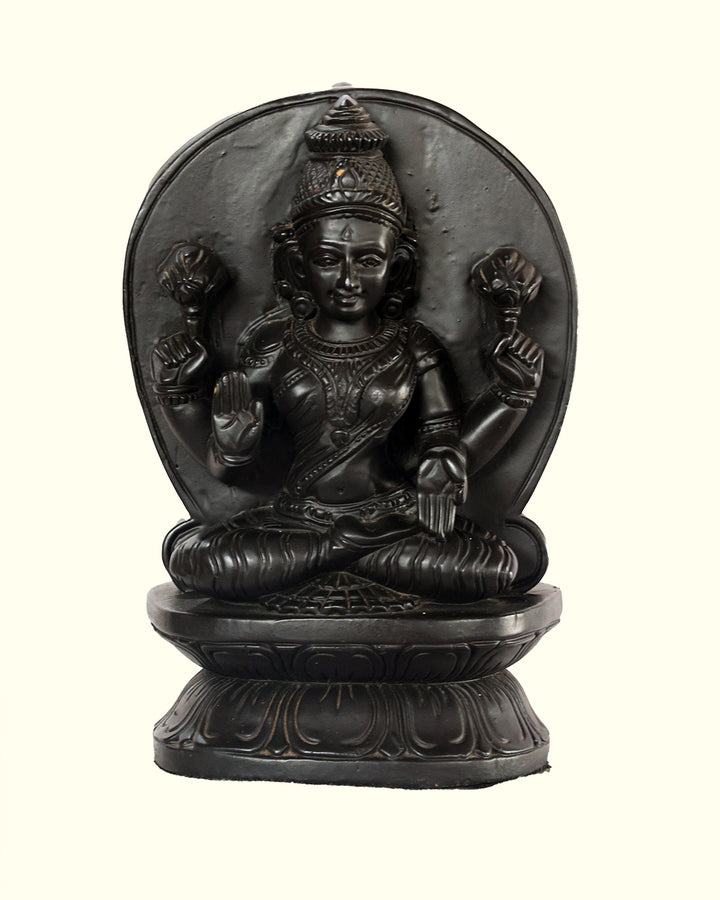 10.5" Lakshmi and Ganapthy Sitting on Throne (Double Sided Wooden Black Statue Featuring Two Separate Deities with Front and Back)