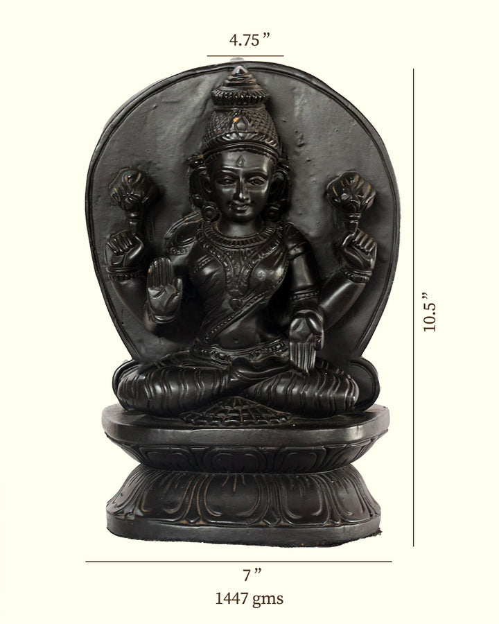 10.5" Lakshmi and Ganapthy Sitting on Throne (Double Sided Wooden Black Statue Featuring Two Separate Deities with Front and Back)