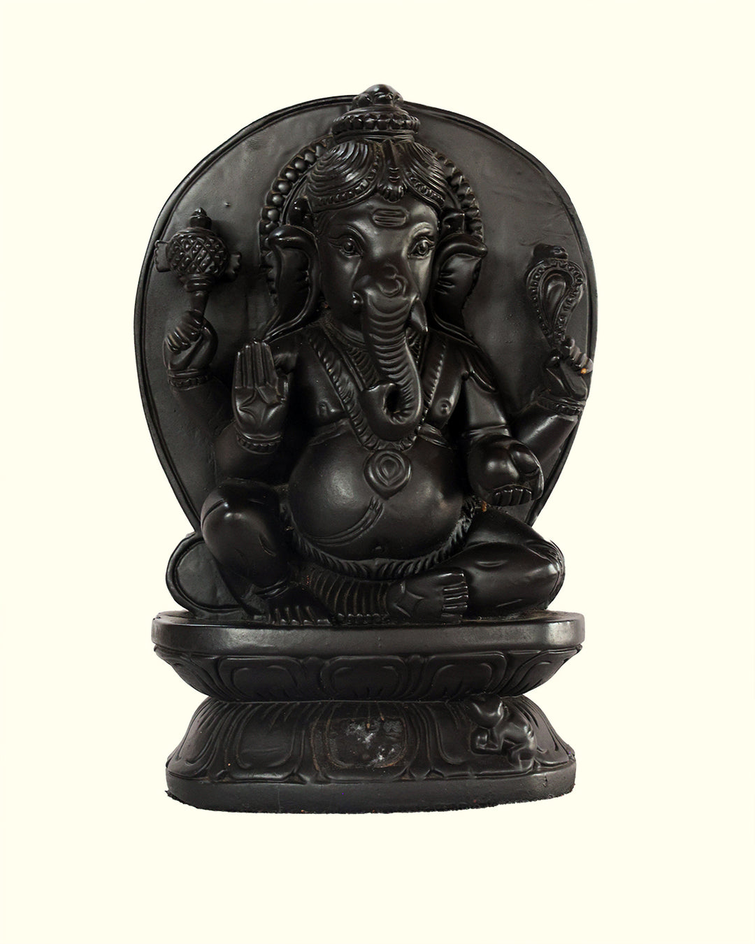 10.5" Lakshmi and Ganapthy Sitting on Throne (Double Sided Wooden Black Statue Featuring Two Separate Deities with Front and Back)