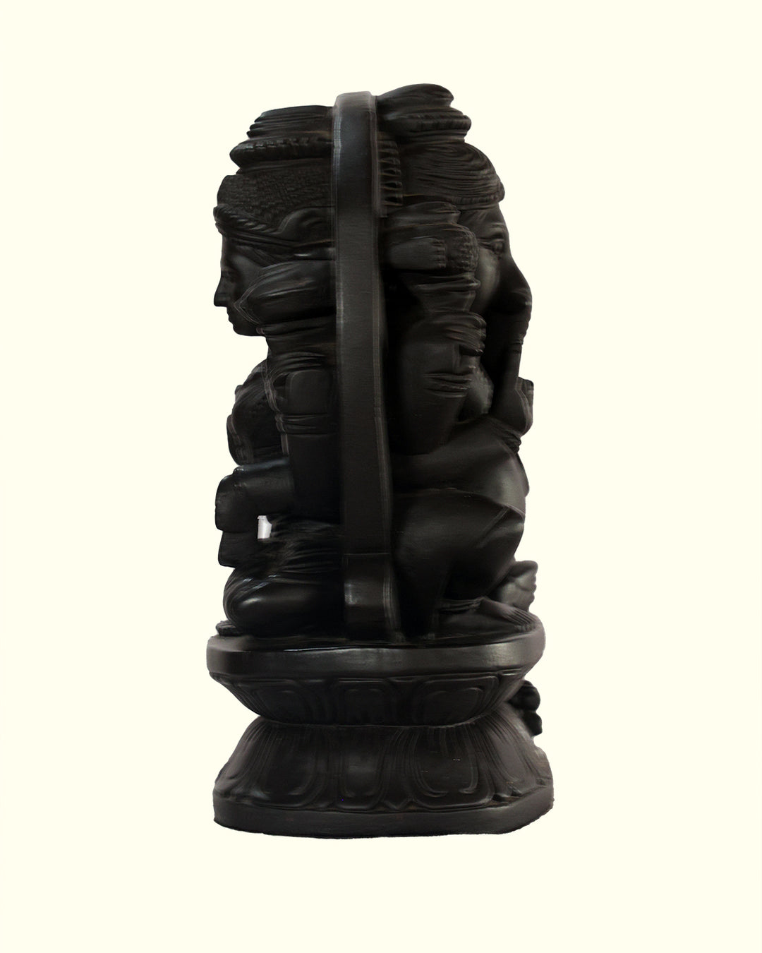 10.5" Lakshmi and Ganapthy Sitting on Throne (Double Sided Wooden Black Statue Featuring Two Separate Deities with Front and Back)