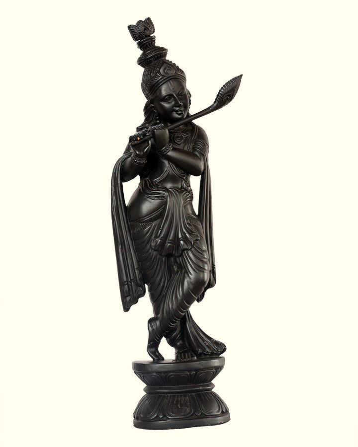 19" Krishna Standing on Throne with Flute (Wooden Black Statue)