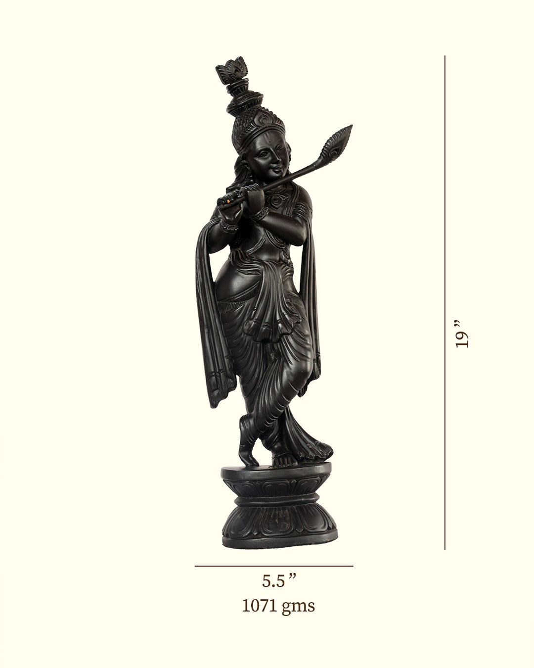 19" Krishna Standing on Throne with Flute (Wooden Black Statue)