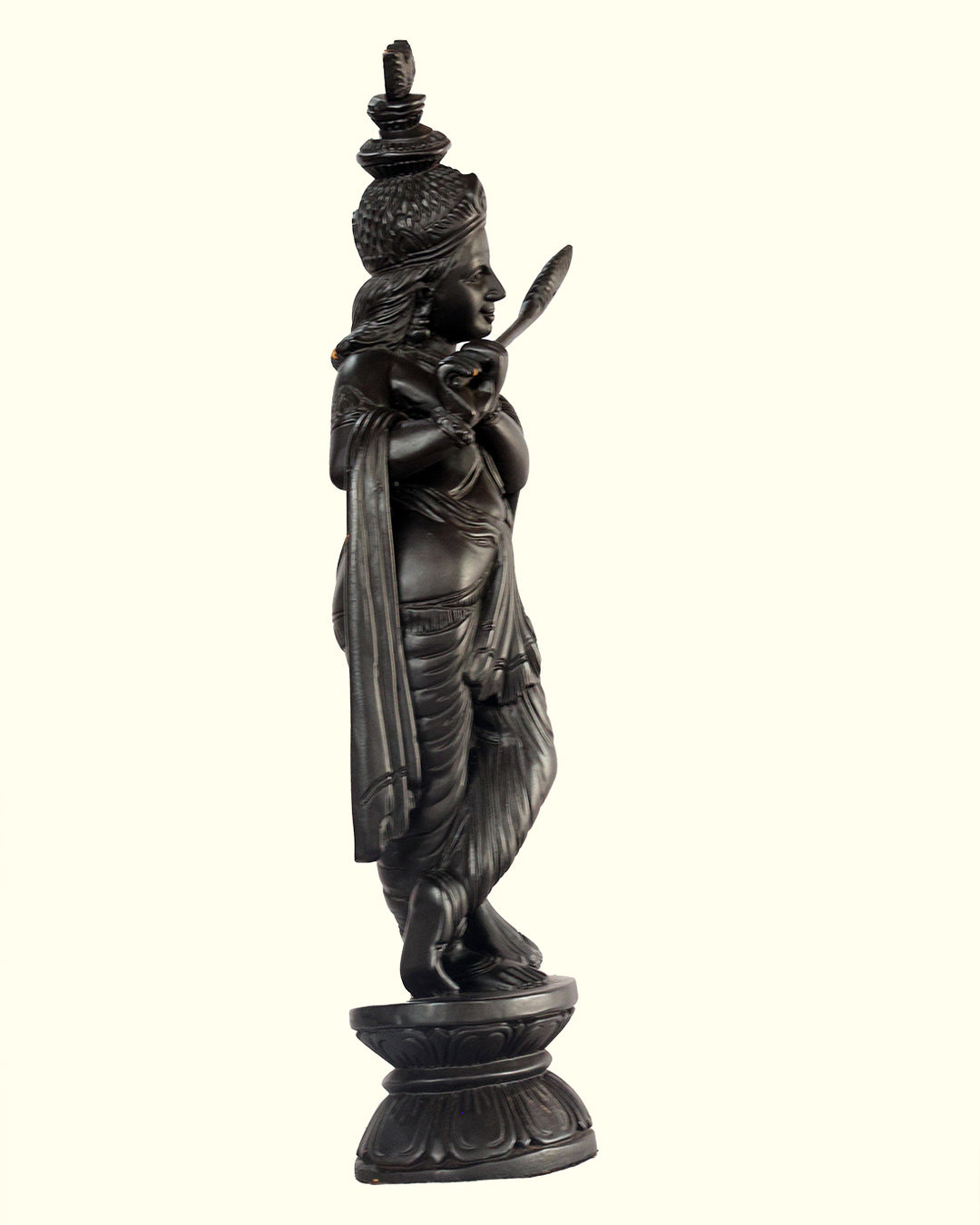 19" Krishna Standing on Throne with Flute (Wooden Black Statue)