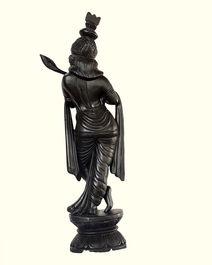 19" Krishna Standing on Throne with Flute (Wooden Black Statue)