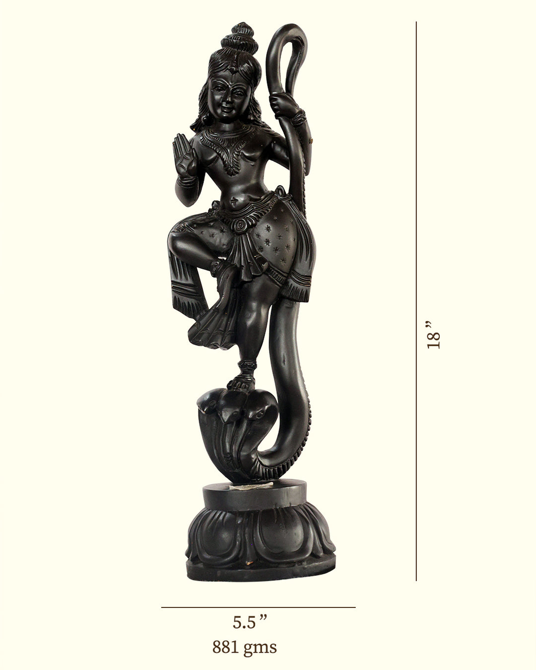 18" Krishna Dancing on Kaliya (Black Wooden Statue)