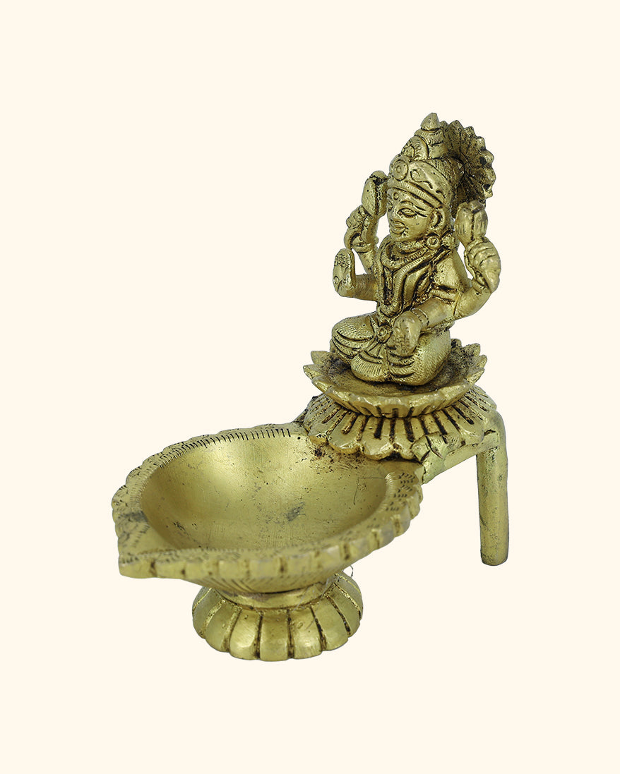 4” Divine Brass Lakshmi Idol With Deepam