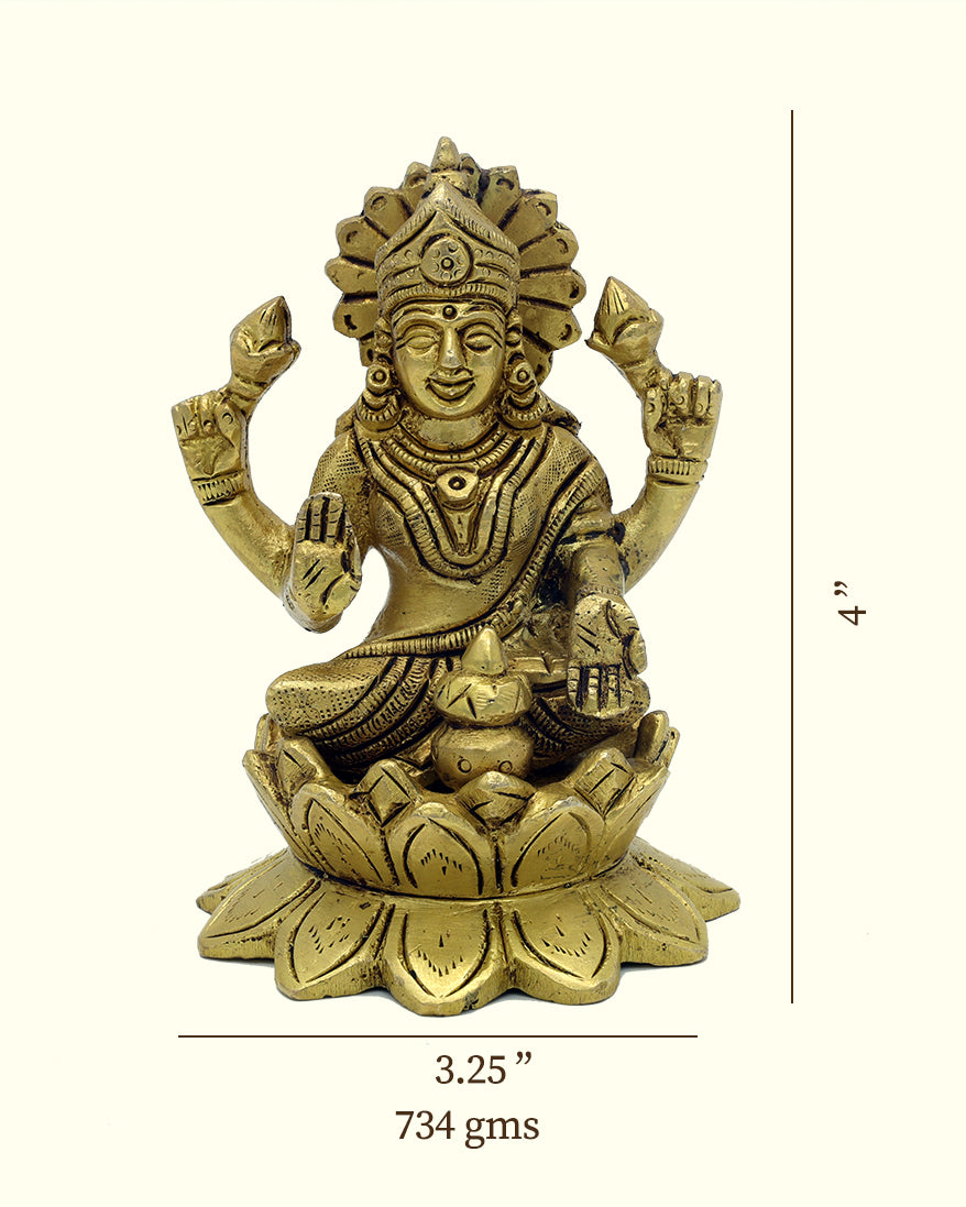 4" Lakshmi Sitting on Lotus (Brass Idol)