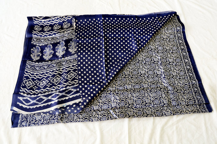 Dark Blue Cotton Fancy Saree With Floral And Leaves Designs, Paired With Square Dot Butta Blouse