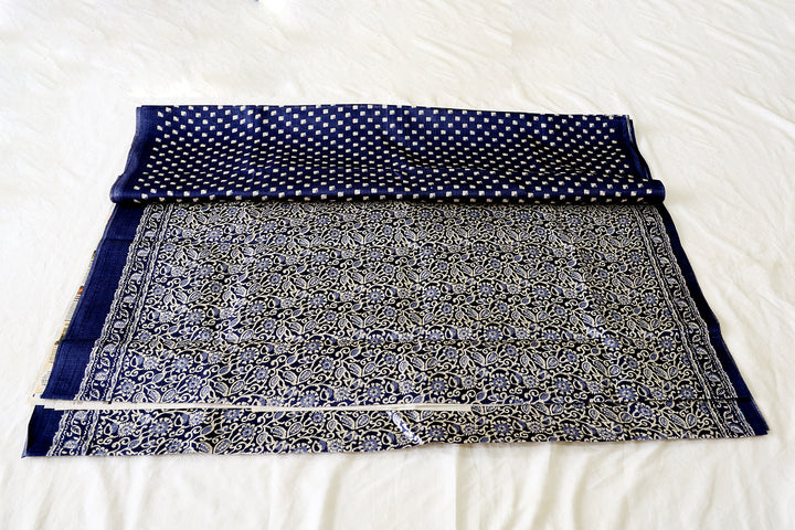 Dark Blue Cotton Fancy Saree With Floral And Leaves Designs, Paired With Square Dot Butta Blouse