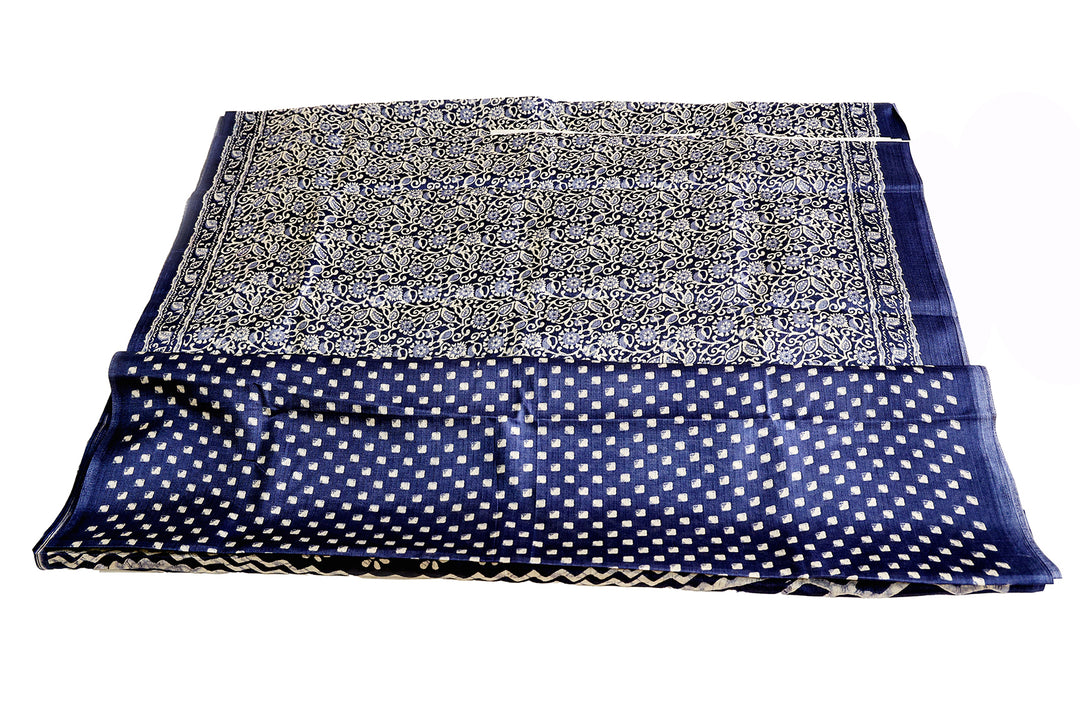 Dark Blue Cotton Fancy Saree With Floral And Leaves Designs, Paired With Square Dot Butta Blouse