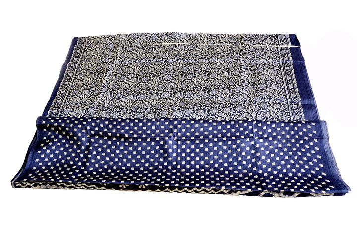 Dark Blue Cotton Fancy Saree With Floral And Leaves Designs, Paired With Square Dot Butta Blouse