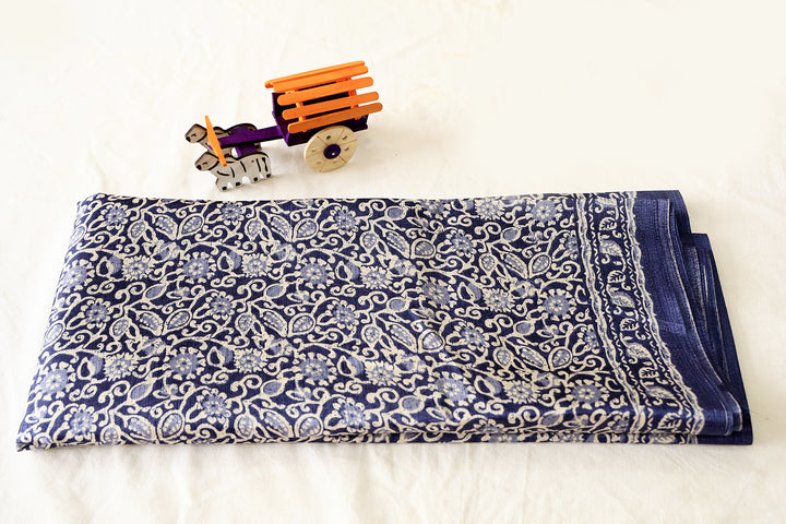 Dark Blue Cotton Fancy Saree With Floral And Leaves Designs, Paired With Square Dot Butta Blouse