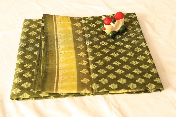 Leaf Green Saree Adorned With Lotus Designs, Mint Yellow Border And Floral Bliss Blouse