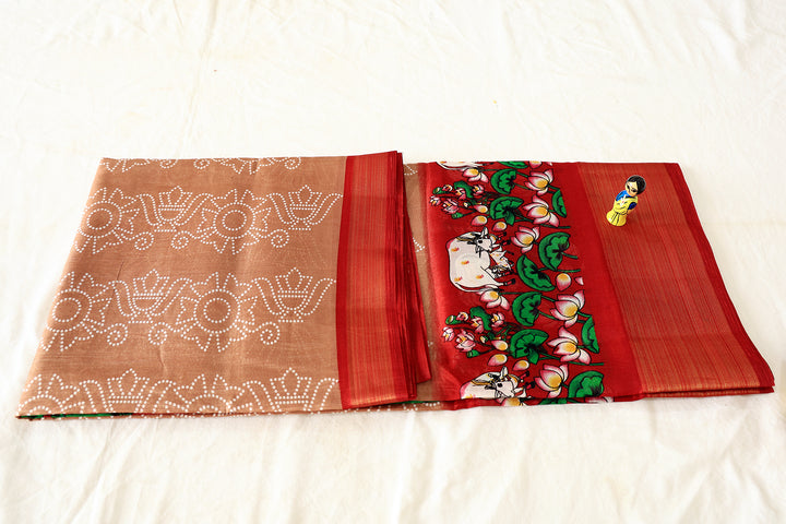 Majestic Brown Cotton Fancy Saree with Maroon-Gold Zari Border, Enhanced by Dotted Pattern Design Blouse