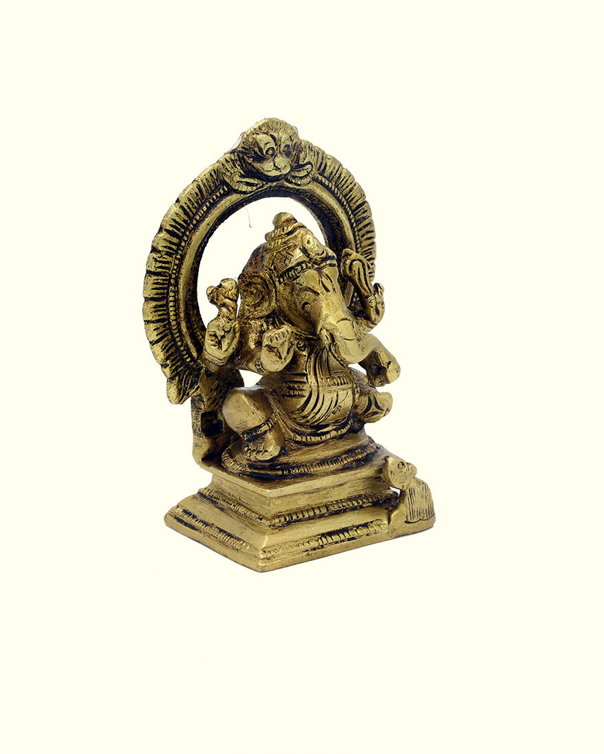 3" Ganapathy Sitting on Throne with "Arch Design" (Brass Idol)