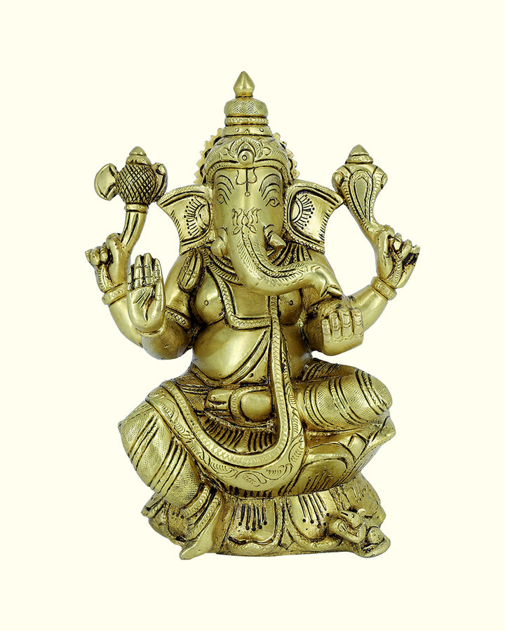 7.5” Brass Ganesh Idol With Lotus Base