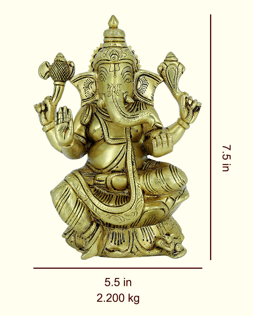 7.5” Brass Ganesh Idol With Lotus Base