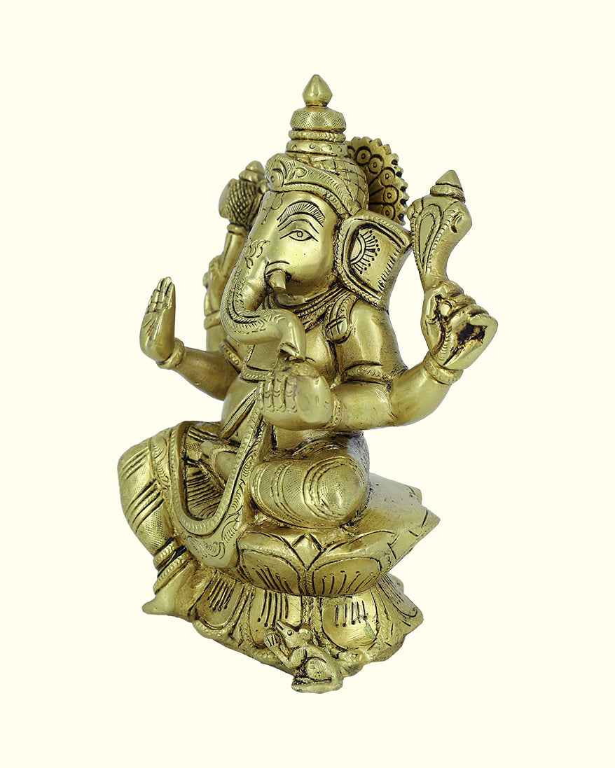 7.5” Brass Ganesh Idol With Lotus Base