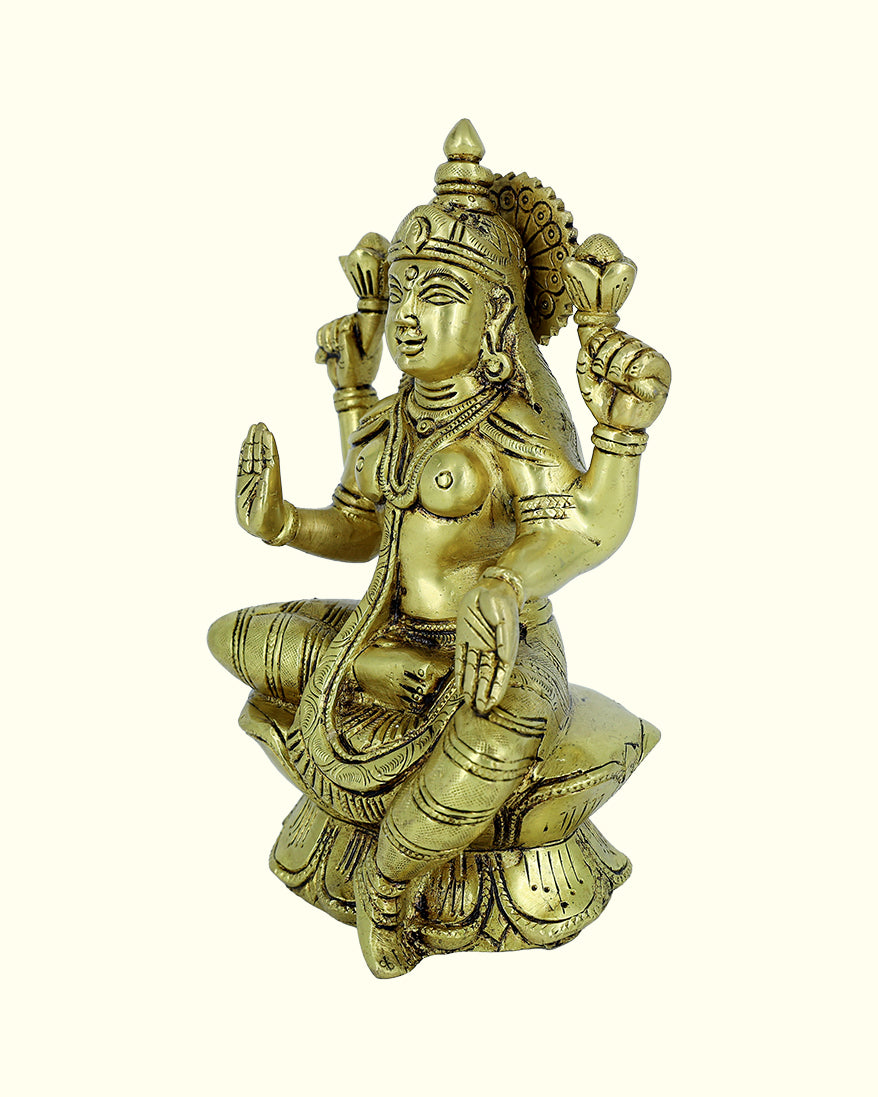 8” Brass Lakshmi Idol With Lotus Base