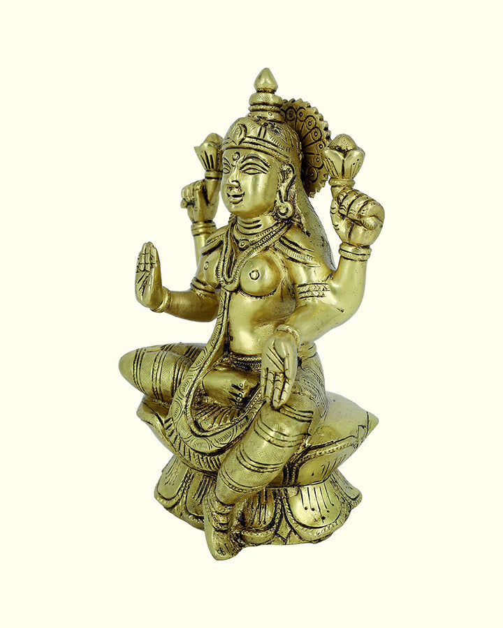 8” Brass Lakshmi Idol With Lotus Base