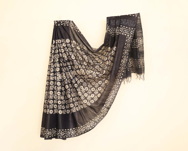 Dark Navy Blue Cotton Saree with White Floral Patterns, Paired with Plain Blouse