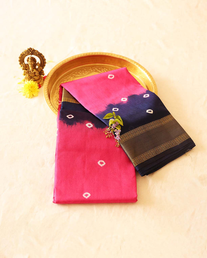 Silk Cotton Saree with Bandhini Designs, Contrast Border, and Gold Zari Accents