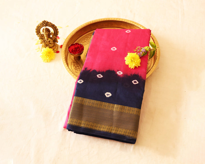 Silk Cotton Saree with Bandhini Designs, Contrast Border, and Gold Zari Accents