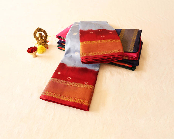 Silk Cotton Saree with Bandhini Designs, Contrast Border, and Gold Zari Accents