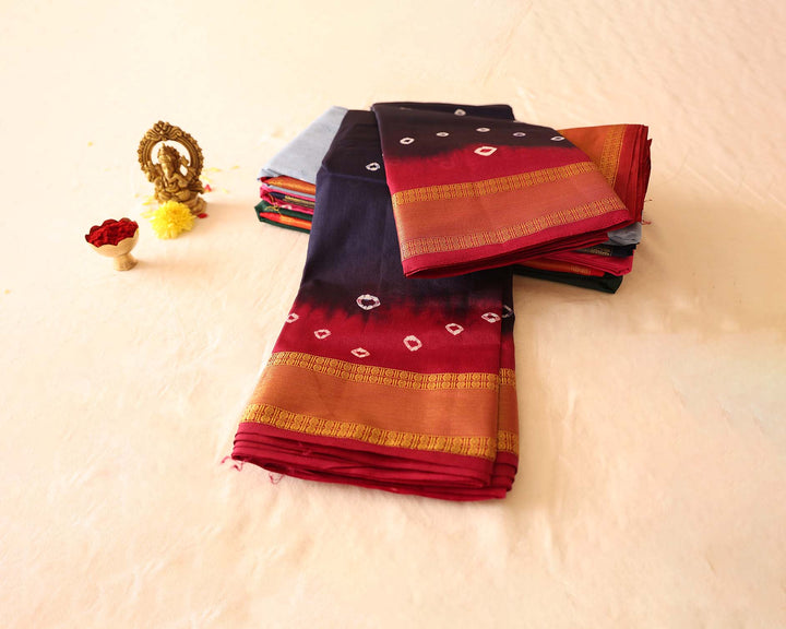 Silk Cotton Saree with Bandhini Designs, Contrast Border, and Gold Zari Accents