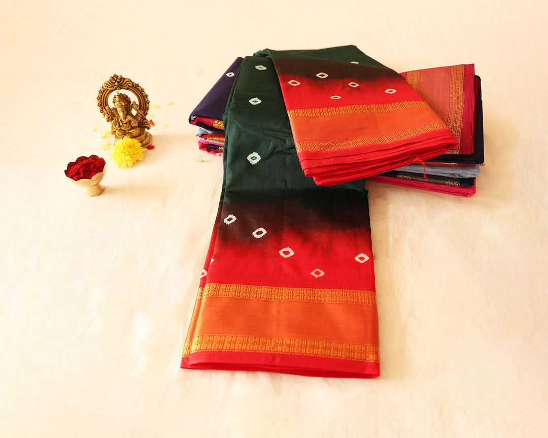 Silk Cotton Saree with Bandhini Designs, Contrast Border, and Gold Zari Accents