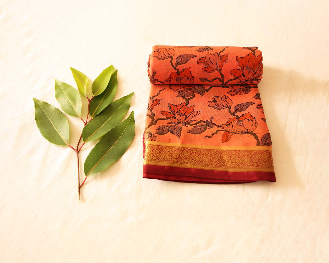 Printed Soft Silk Saree With Floral Design, Contrasting Gold Zari Border And Running Blouse