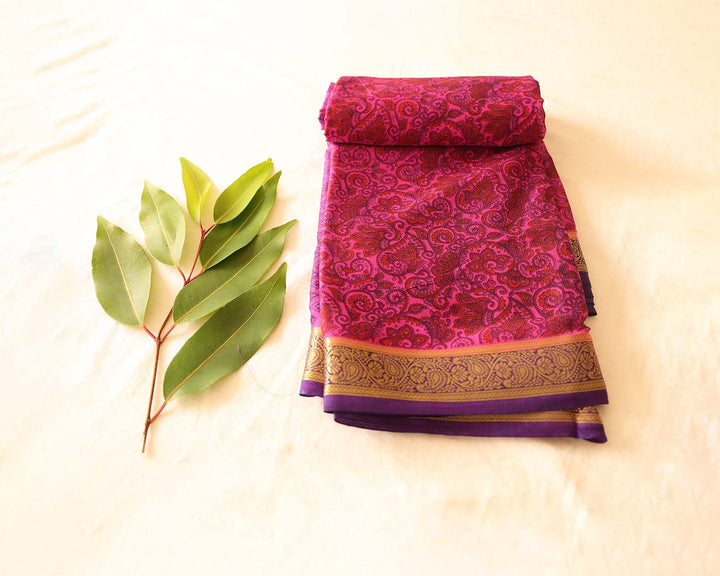 Printed Soft Silk Saree With Kalamkari Design, Contrasting Gold Zari Floral Border And Running Blouse