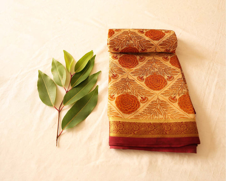 Printed Soft Silk Saree With Floral Design, Contrasting Gold Zari Border And Running Blouse