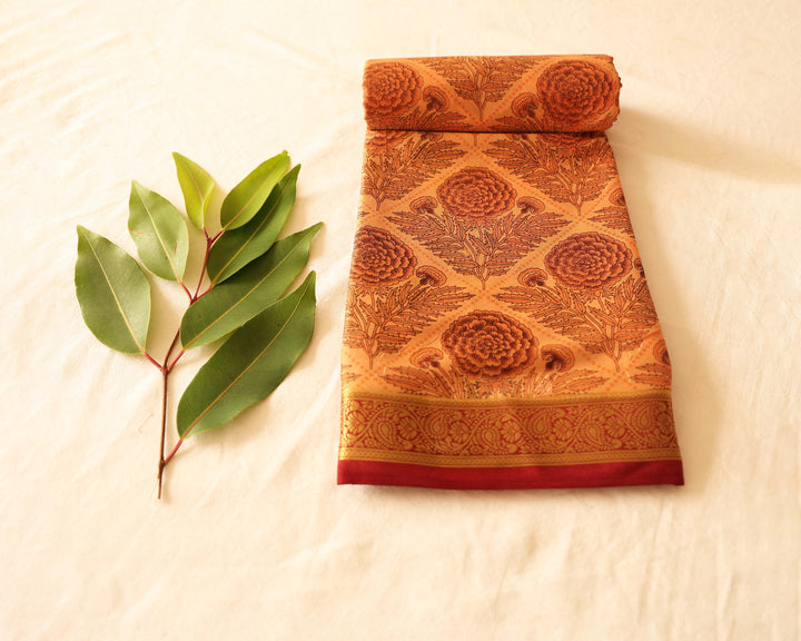 Printed Soft Silk Saree With Floral Design, Contrasting Gold Zari Border And Running Blouse