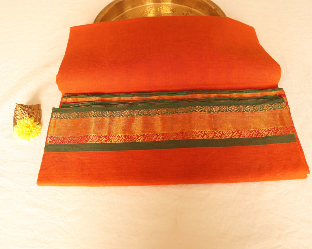 Kota Cotton Saree with Contrast Color Border and Intricate Gold Zari Designs, Paired with Running Blouse