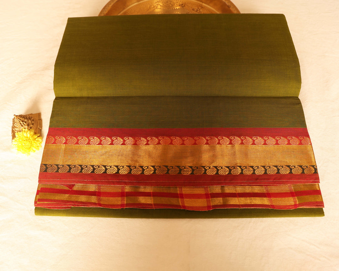 Kota Cotton Saree with Contrast Color Border and Intricate Gold Zari Designs, Paired with Running Blouse