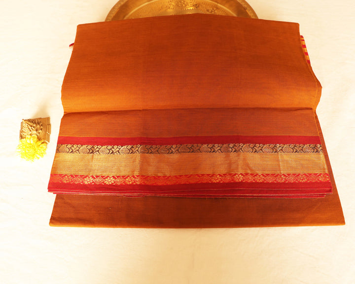 Kota Cotton Saree with Contrast Color Border and Intricate Gold Zari Designs, Paired with Running Blouse