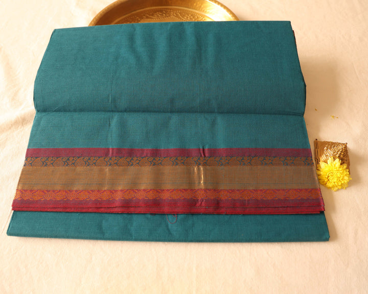 Kota Cotton Saree with Contrast Color Border and Intricate Gold Zari Designs, Paired with Running Blouse