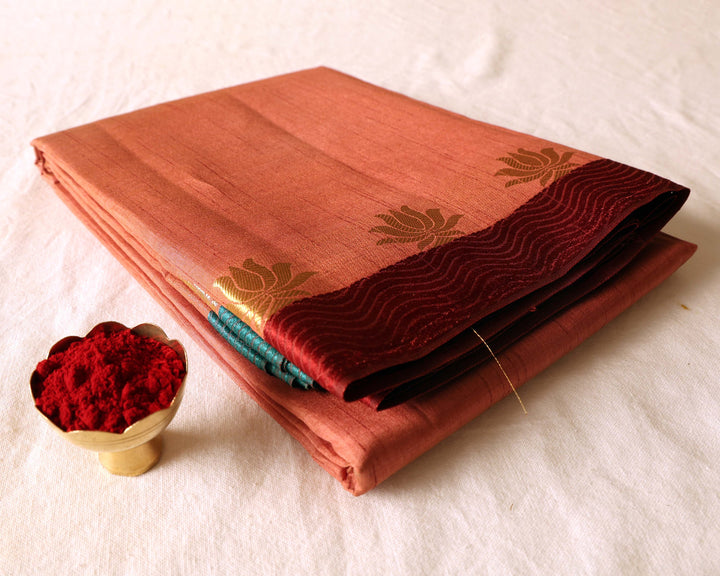 Silk Cotton Saree With Dark Maroon Thread Border And Gold Zari Lotus Design