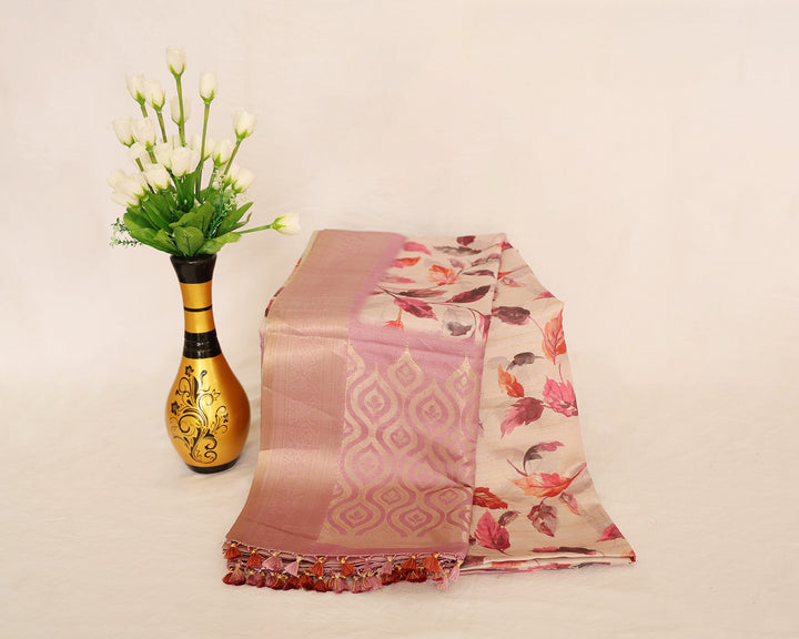 Pinkish Lavender Trendy Soft Saree With Copper Floral Designs, Light Gold Zari Border, Pallu And Blouse