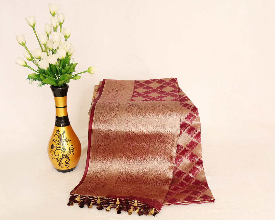 Tissue Silk Cotton Saree With Gold Zari Border And Intricate Design, Complete With Matching Blouse And Golden Zari Tassels