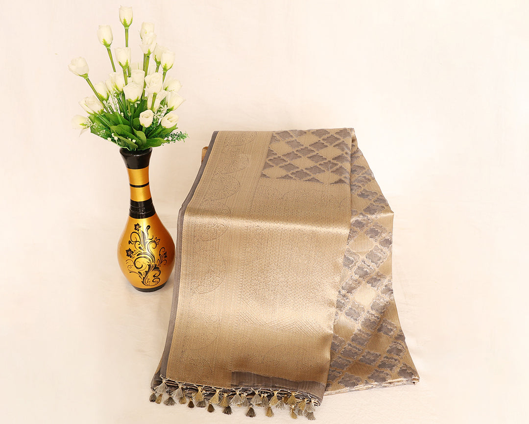 Tissue Silk Cotton Saree With Gold Zari Border And Intricate Design, Complete With Matching Blouse And Golden Zari Tassels