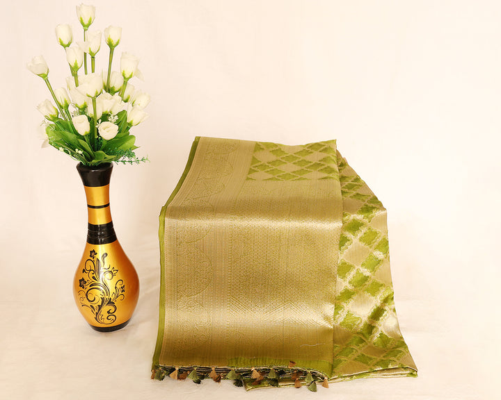 Tissue Silk Cotton Saree With Gold Zari Border And Intricate Design, Complete With Matching Blouse And Golden Zari Tassels