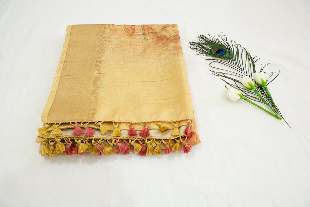 Peach Pink Floral Yellow Soft Saree With Tassels In Pallu, Gold Zari Border And Patterned Blouse Design