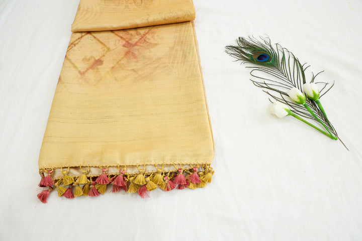 Peach Pink Floral Yellow Soft Saree With Tassels In Pallu, Gold Zari Border And Patterned Blouse Design