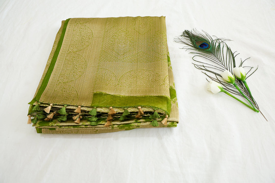 Tissue Silk Cotton Saree With Gold Zari Border And Intricate Design, Complete With Matching Blouse And Golden Zari Tassels