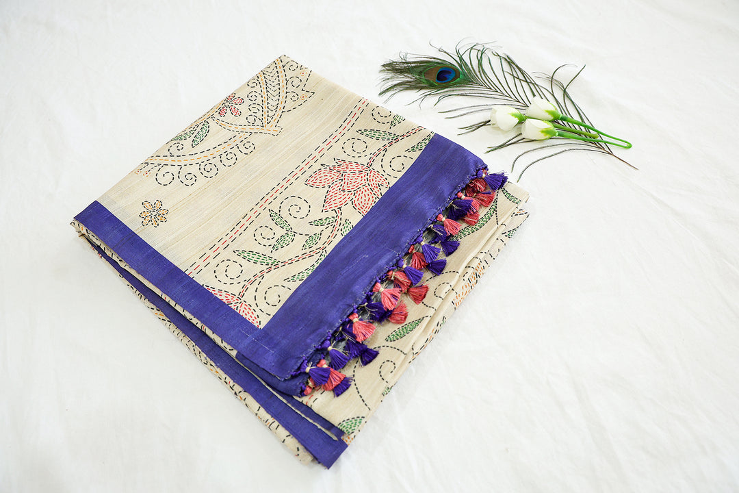 Tussar Kantha Design Saree With Contrast Border And Floral Running Blouse