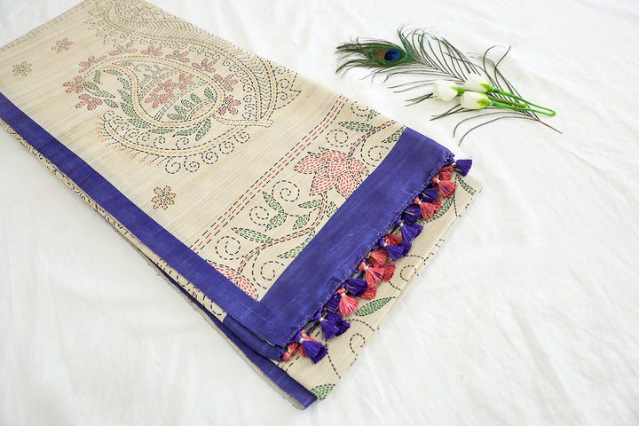 Tussar Kantha Design Saree With Contrast Border And Floral Running Blouse