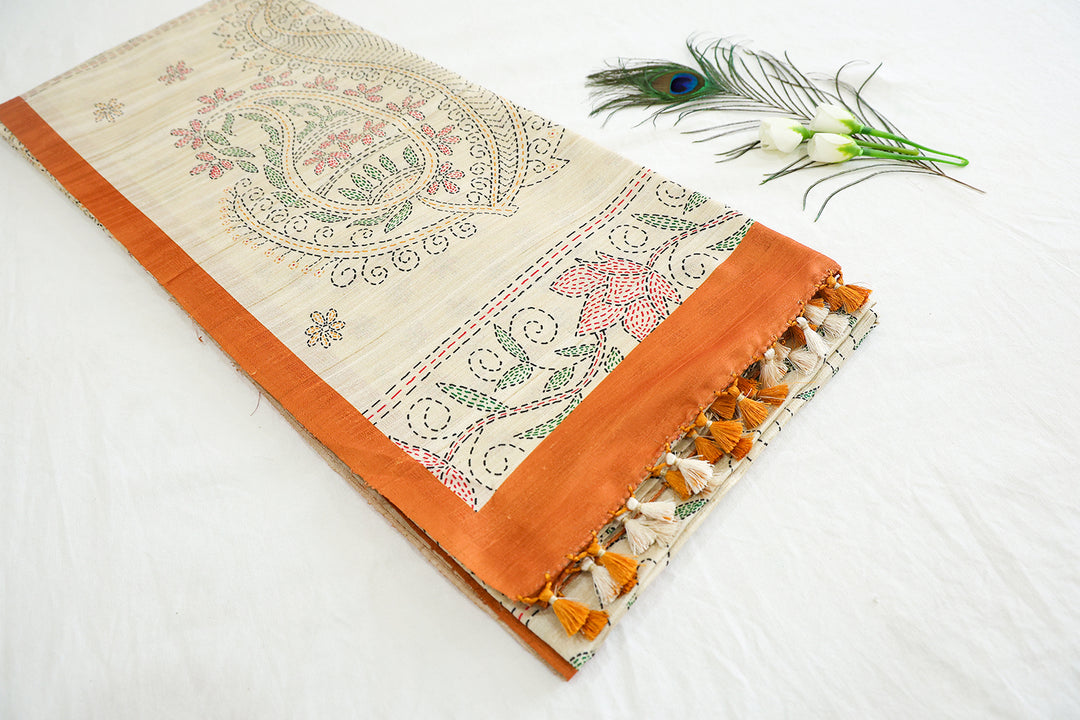 Tussar Kantha Design Saree With Contrast Border And Floral Running Blouse